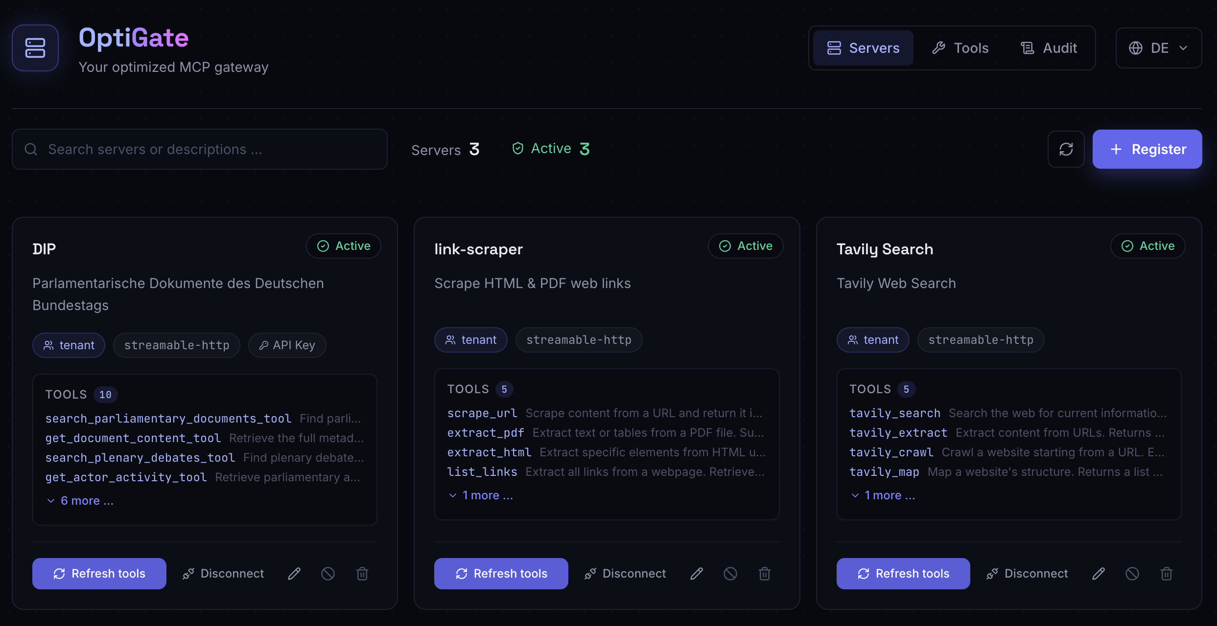 OptiGate admin UI with server cards and tool search